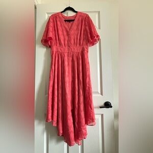 NWOT Eva Longoria Red/Orane Asymmetrical Ruffled Sundress with Flutter Sleeves